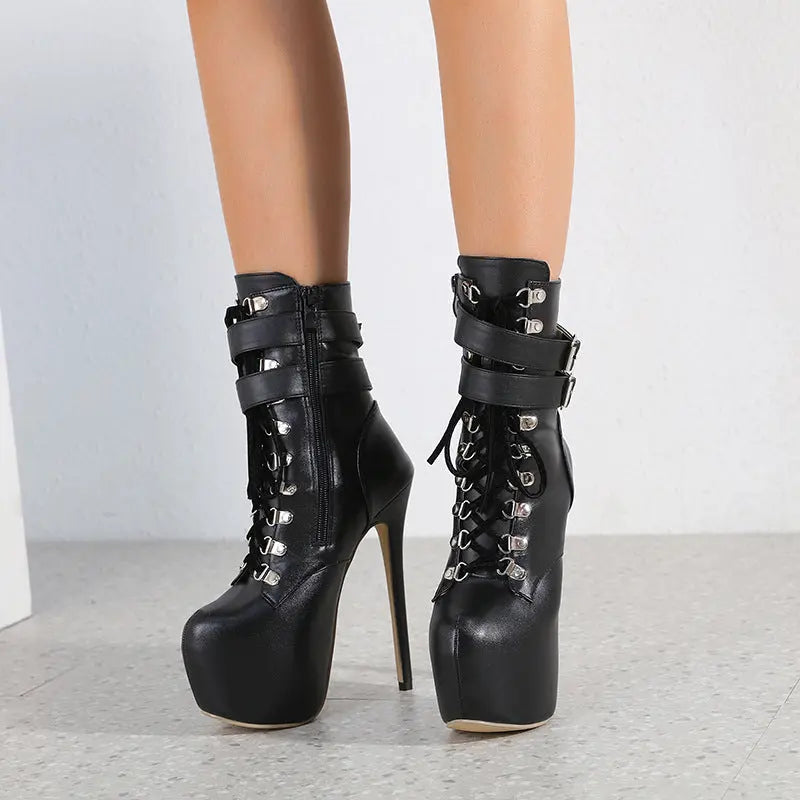 Ladies Stiletto High Heel Buckle Platform Ankle Boots Pleasures and Sins