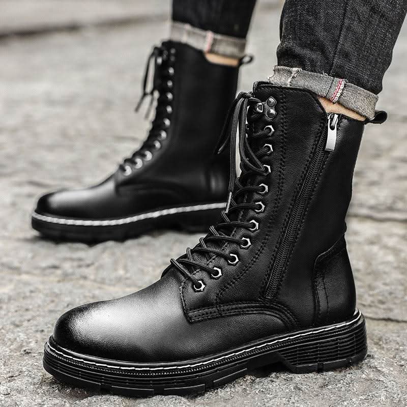 Genuine Leather Men's Long High-top Lace Up Martin Boots Pleasures and Sins