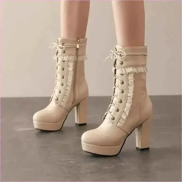 Fashion High Heel Ankle Boots with Lace Detail in Multiple Colors Pleasures and Sins