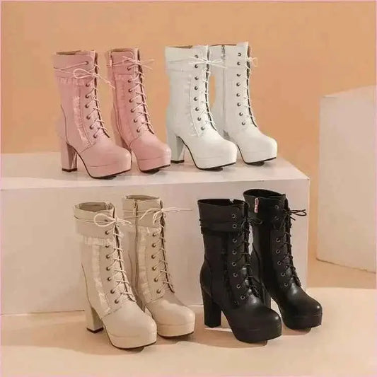 Fashion High Heel Ankle Boots with Lace Detail in Multiple Colors Pleasures and Sins