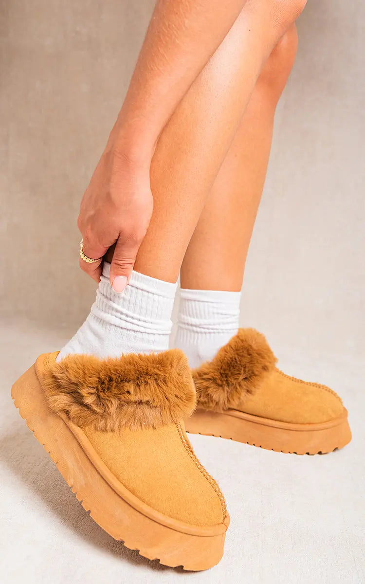 Faux Fur Trim Whisp Chunky Platform Slippers Kenike