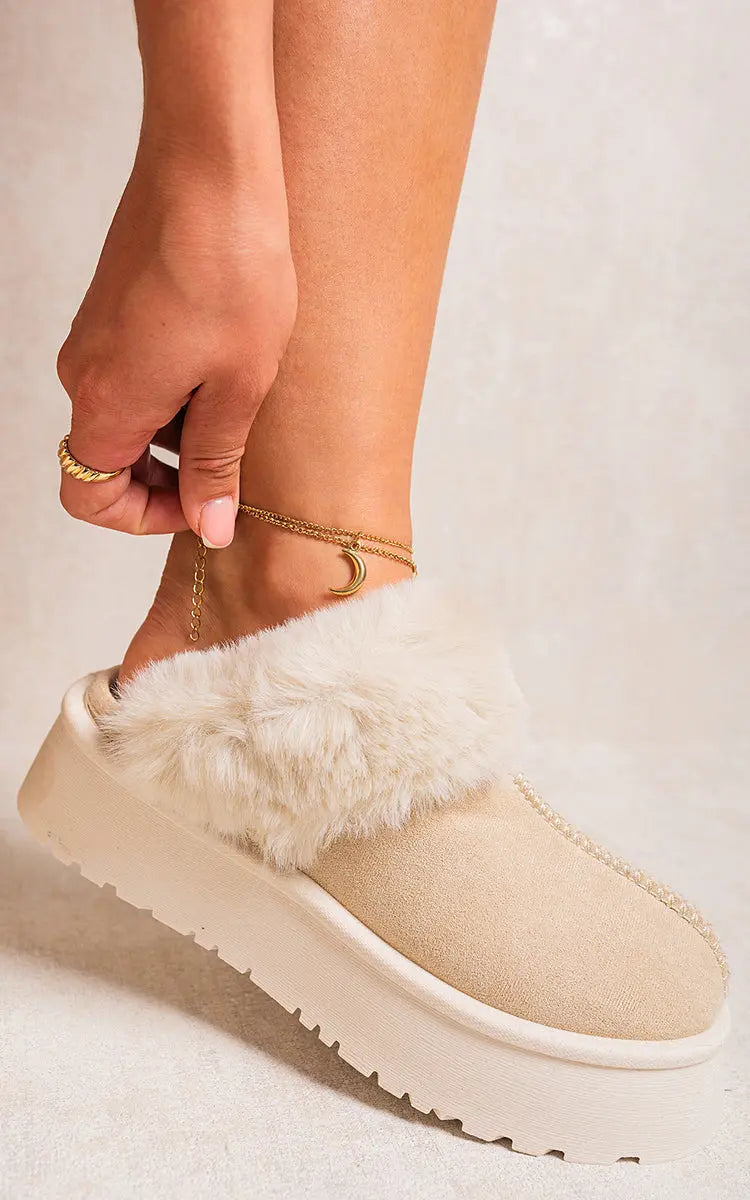 Faux Fur Trim Whisp Chunky Platform Slippers Kenike