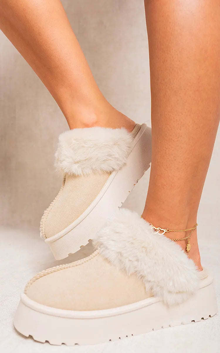 Faux Fur Trim Whisp Chunky Platform Slippers Kenike