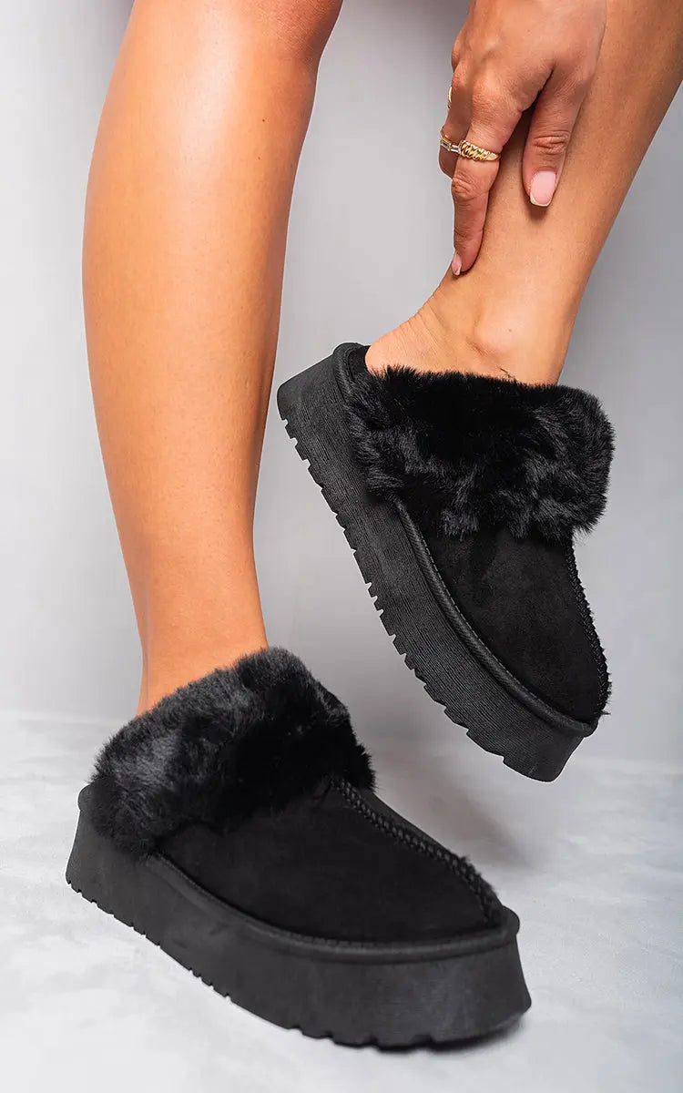 Faux Fur Trim Whisp Chunky Platform Slippers Kenike