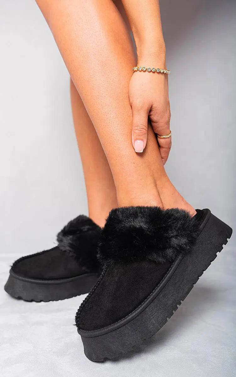Faux Fur Trim Whisp Chunky Platform Slippers Kenike