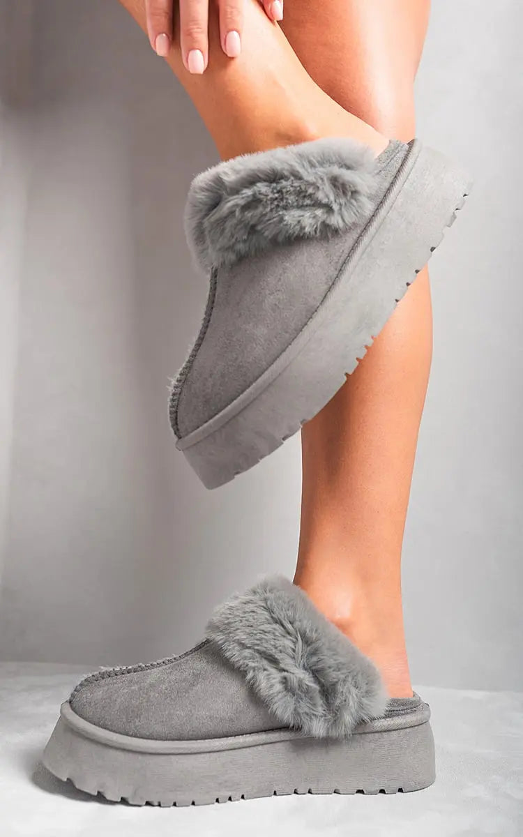 Faux Fur Trim Whisp Chunky Platform Slippers Kenike