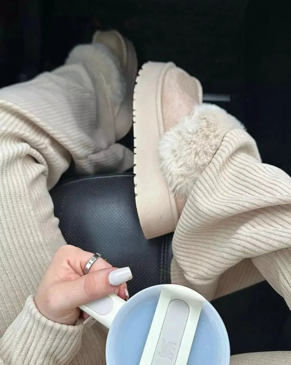 Faux Fur Trim Whisp Chunky Platform Slippers Kenike