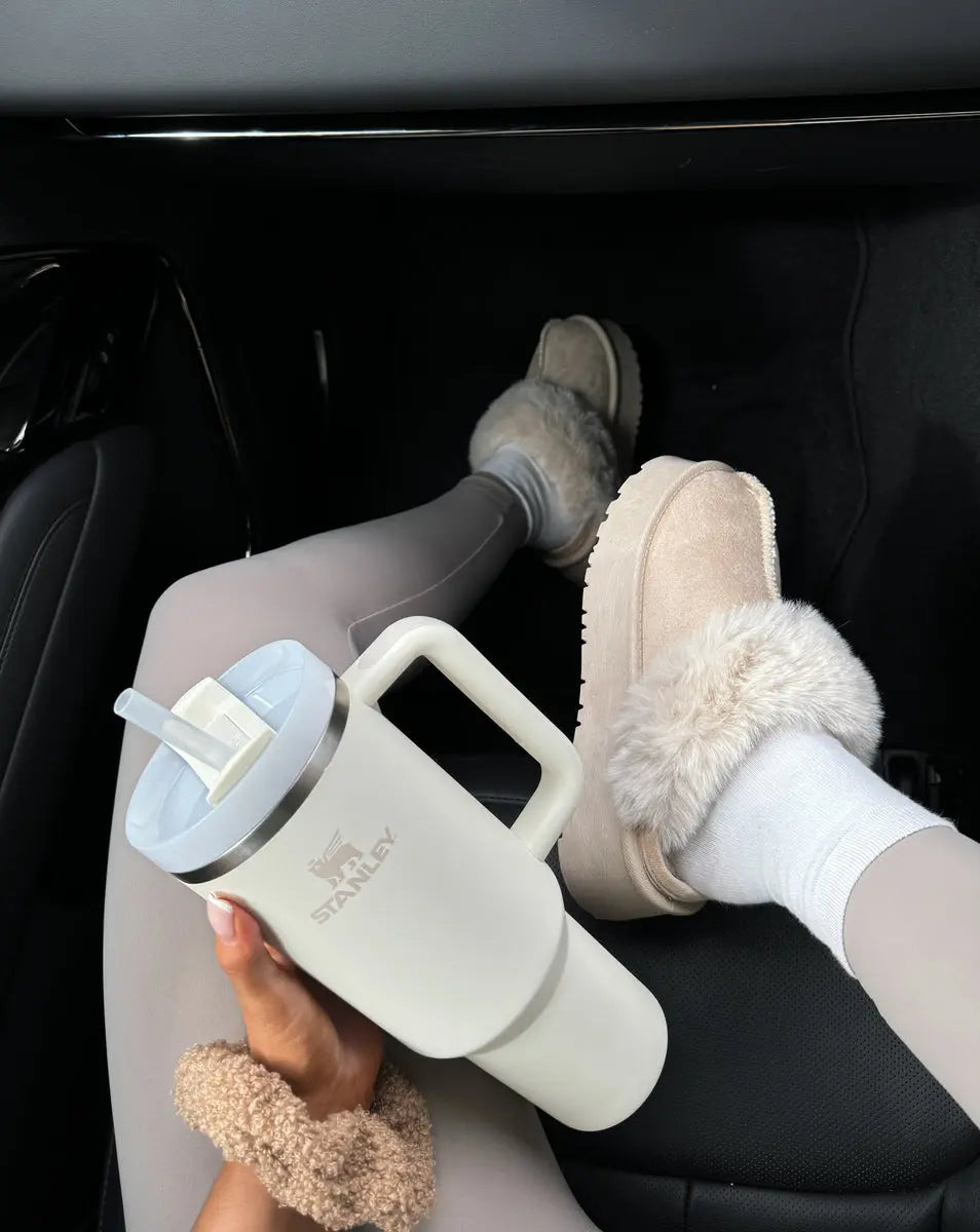 Faux Fur Trim Whisp Chunky Platform Slippers Kenike