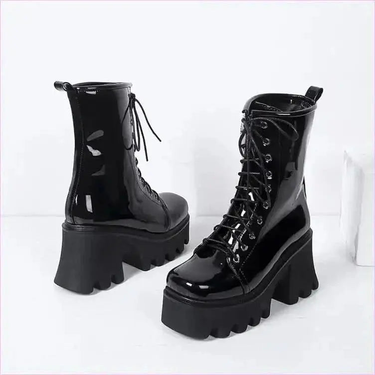 Luxury Patent Boots with Black Soles and Thick Heels Pleasures and Sins