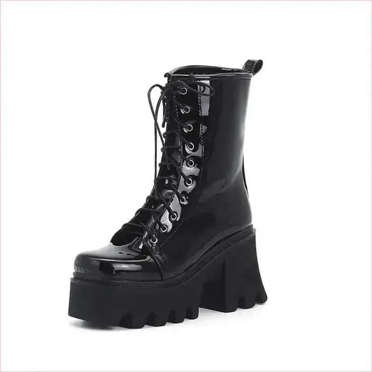 Luxury Patent Boots with Black Soles and Thick Heels Pleasures and Sins