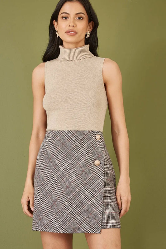 Mela Grey Checked Wrap Mini Skirt With Button Detail Yumi