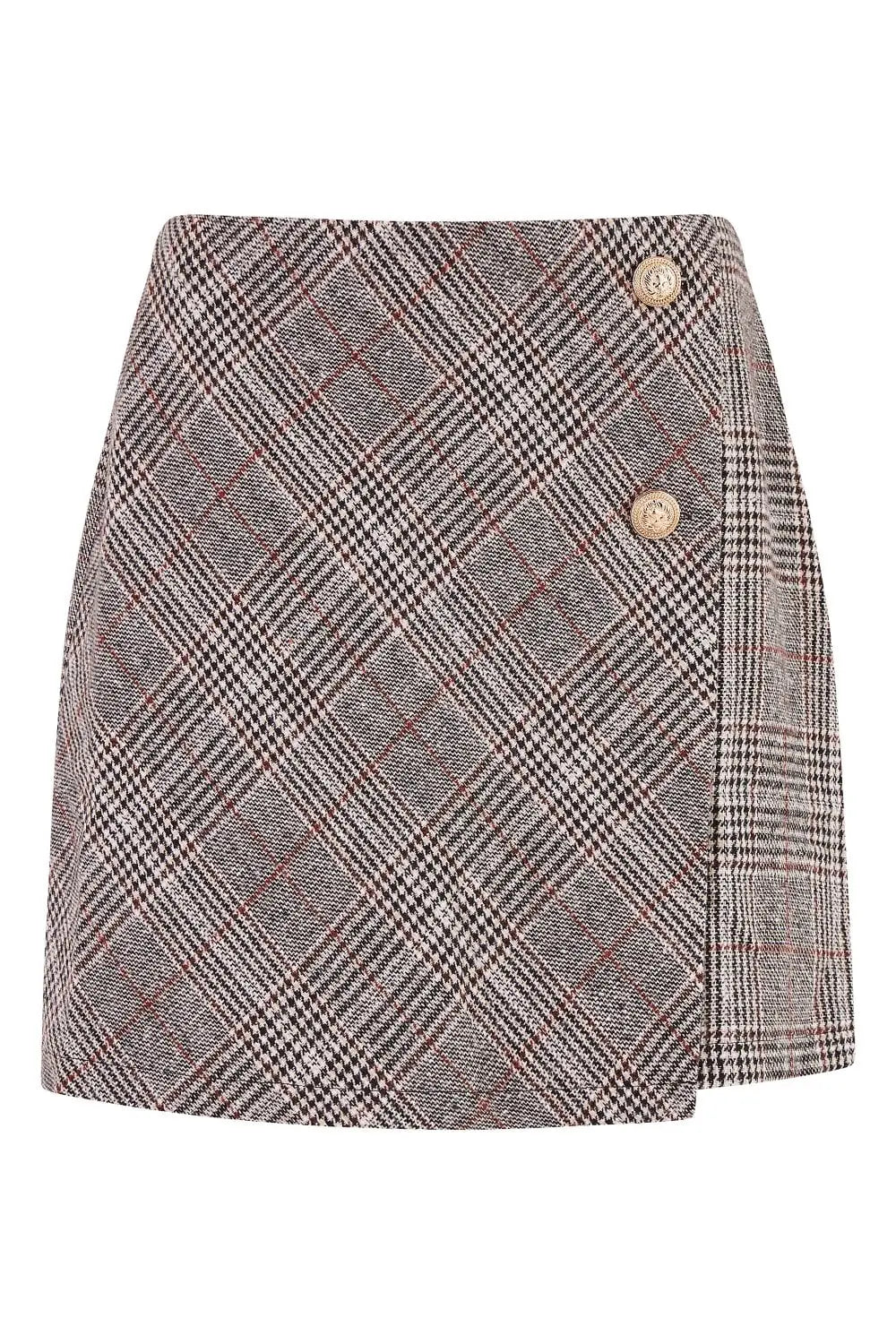 Mela Grey Checked Wrap Mini Skirt With Button Detail Yumi