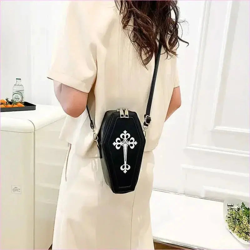 Retro Dark Personality Cross Coffin Handbag in White Pleasures and Sins
