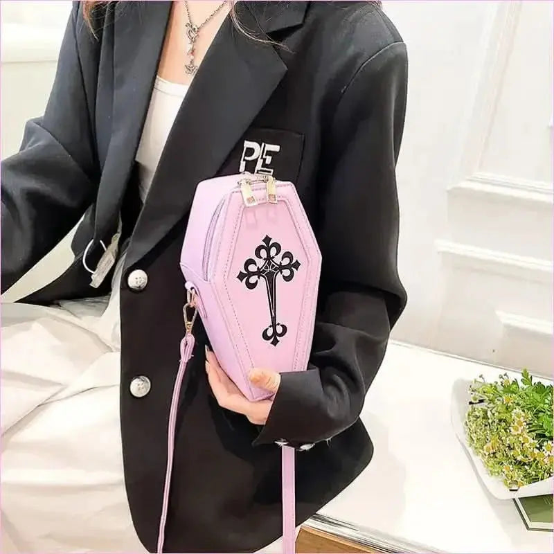 Retro Dark Personality Cross Coffin Handbag in White Pleasures and Sins