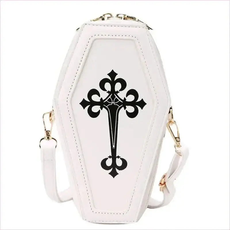 Retro Dark Personality Cross Coffin Handbag in White Pleasures and Sins